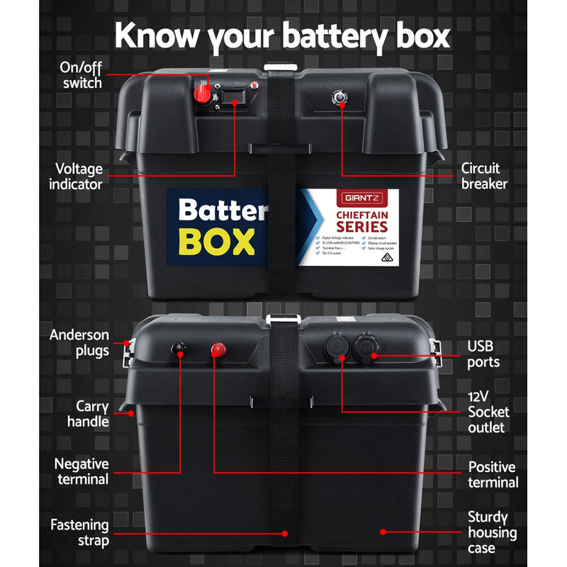 GIANTZ Battery Box 12V Camping Portable Deep Cycle AGM Universal Large USB Cig - Sale Now