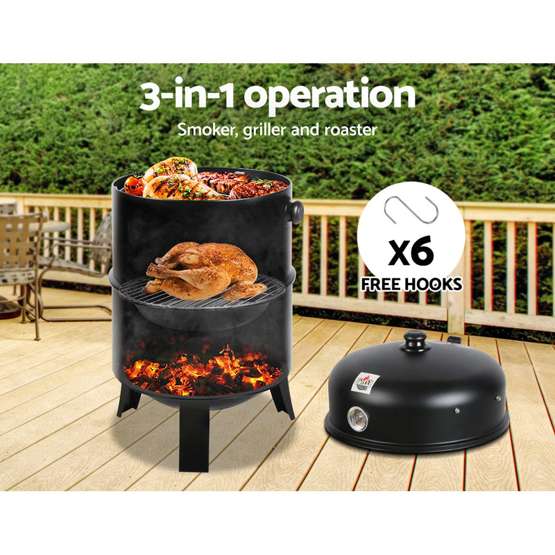 Grillz 3-in-1 Charcoal BBQ Smoker - Black - Sale Now