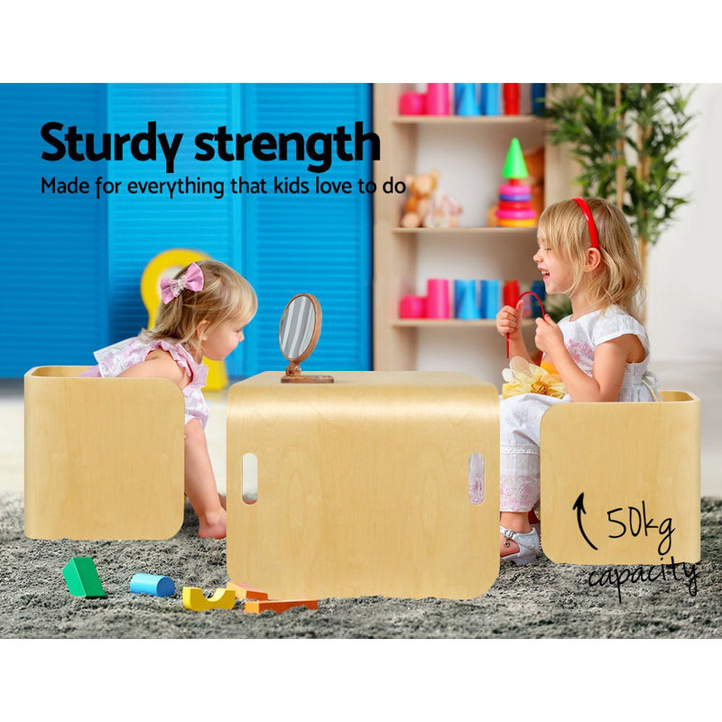 Keezi 3PC Kids Table and Chairs Set Toys Play Desk Children Shelf Storage Beige - Sale Now
