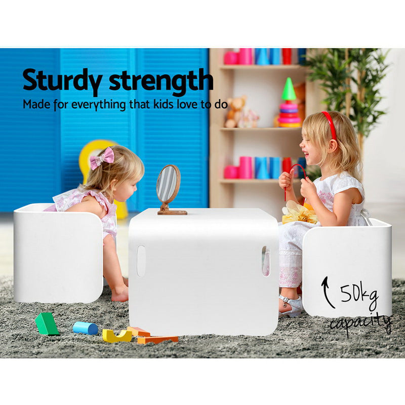 Keezi 3PC Kids Table and Chairs Set Toys Play Desk Children Shelf Storage White - Sale Now