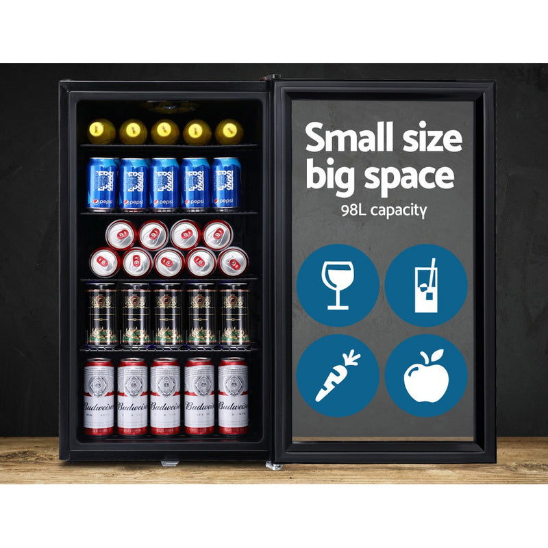 Devanti 98L Bar Fridge Glass Door Mini Freezer Fridges Countertop Beverage Commercial - Sale Now