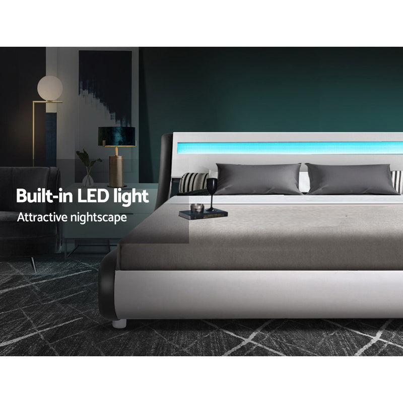 Artiss Alex LED Bed Frame PU Leather - Black White Double - Sale Now