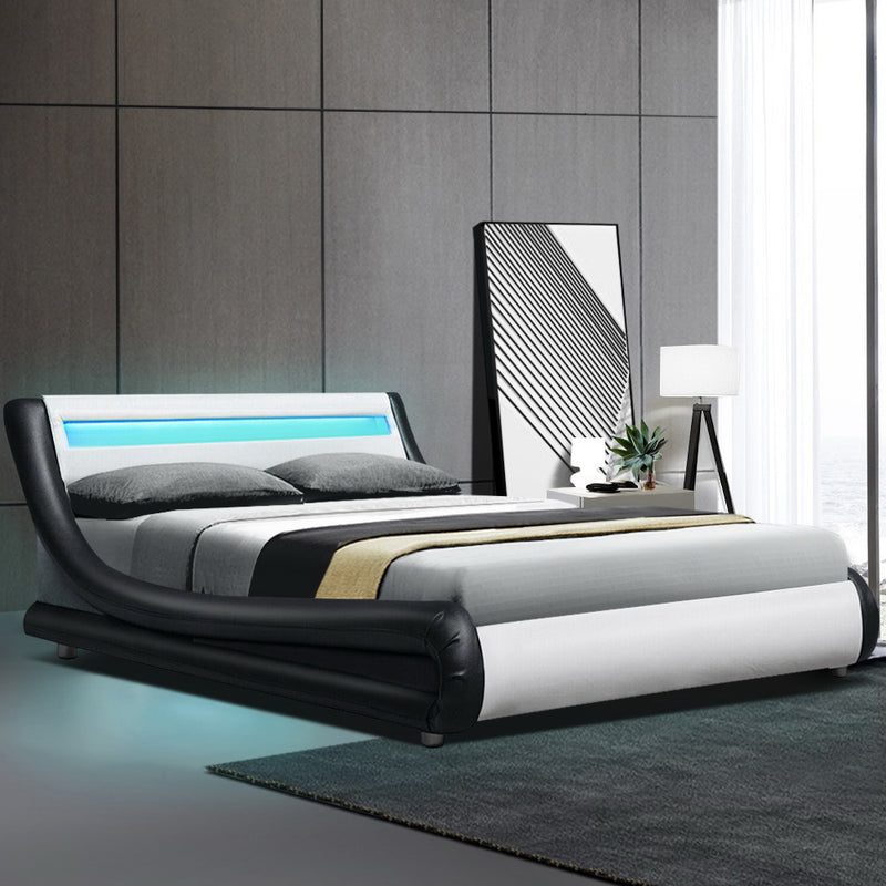 Artiss Alex LED Bed Frame PU Leather - Black White Double - Sale Now