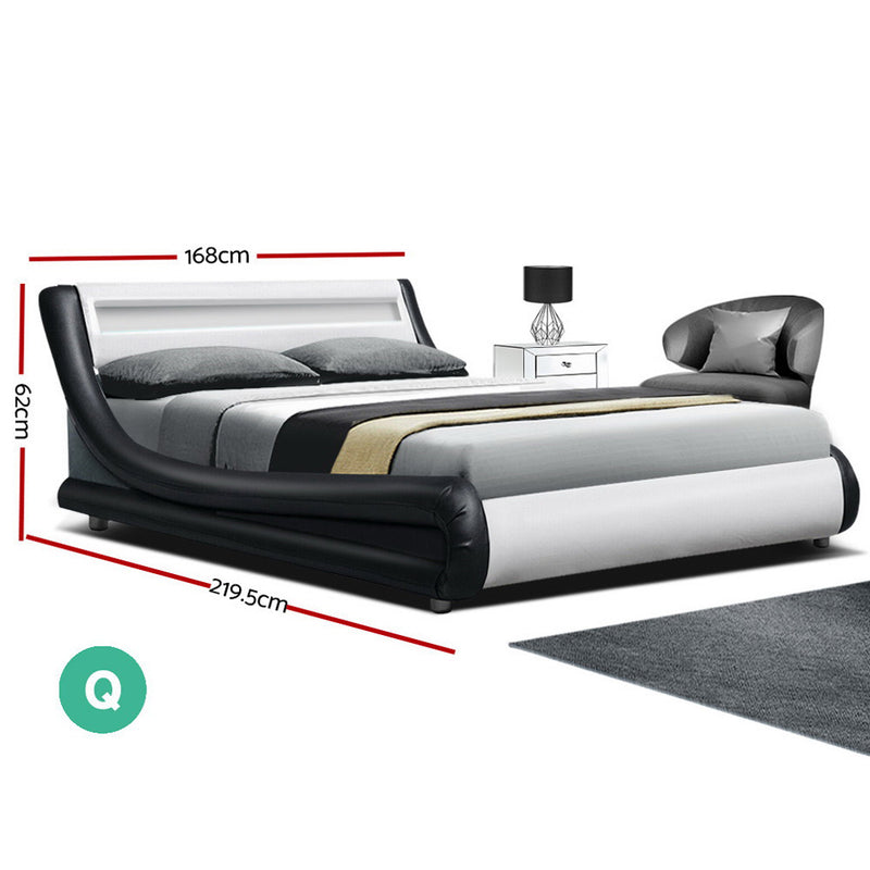 Artiss Alex LED Bed Frame PU Leather - Black White Queen - Sale Now