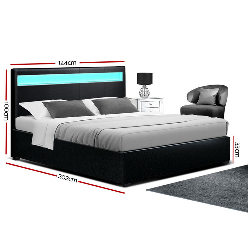Artiss Cole LED Bed Frame PU Leather Gas Lift Storage - Black Double - Sale Now