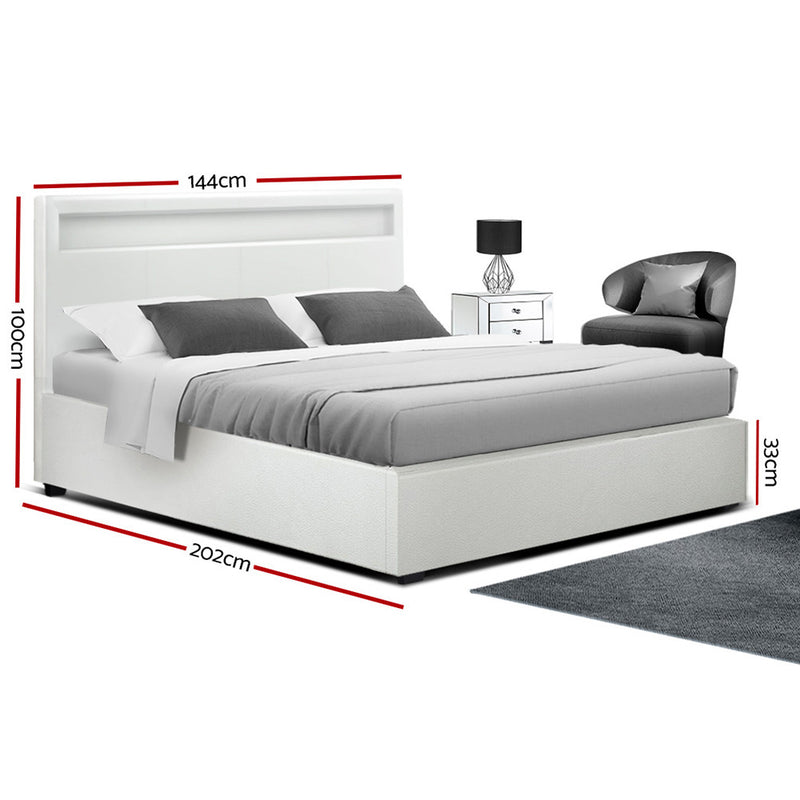 Artiss Cole LED Bed Frame PU Leather Gas Lift Storage - White Double - Sale Now