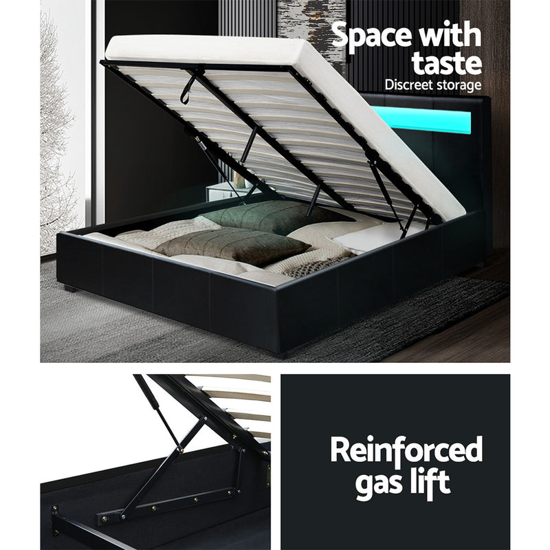 Artiss Cole LED Bed Frame PU Leather Gas Lift Storage - Black Queen - Sale Now