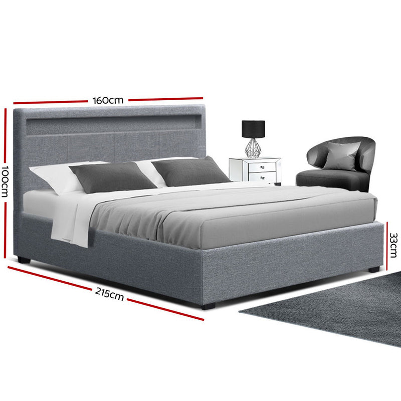 Artiss Cole LED Bed Frame Fabric Gas Lift Storage - Grey Queen - Sale Now