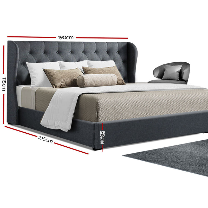 Artiss Issa Bed Frame Fabric Gas Lift Storage - Charcoal King - Sale Now