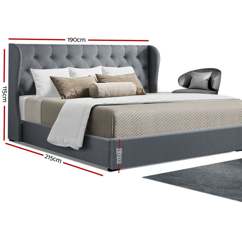 Artiss Issa Bed Frame Fabric Gas Lift Storage - Grey King - Sale Now