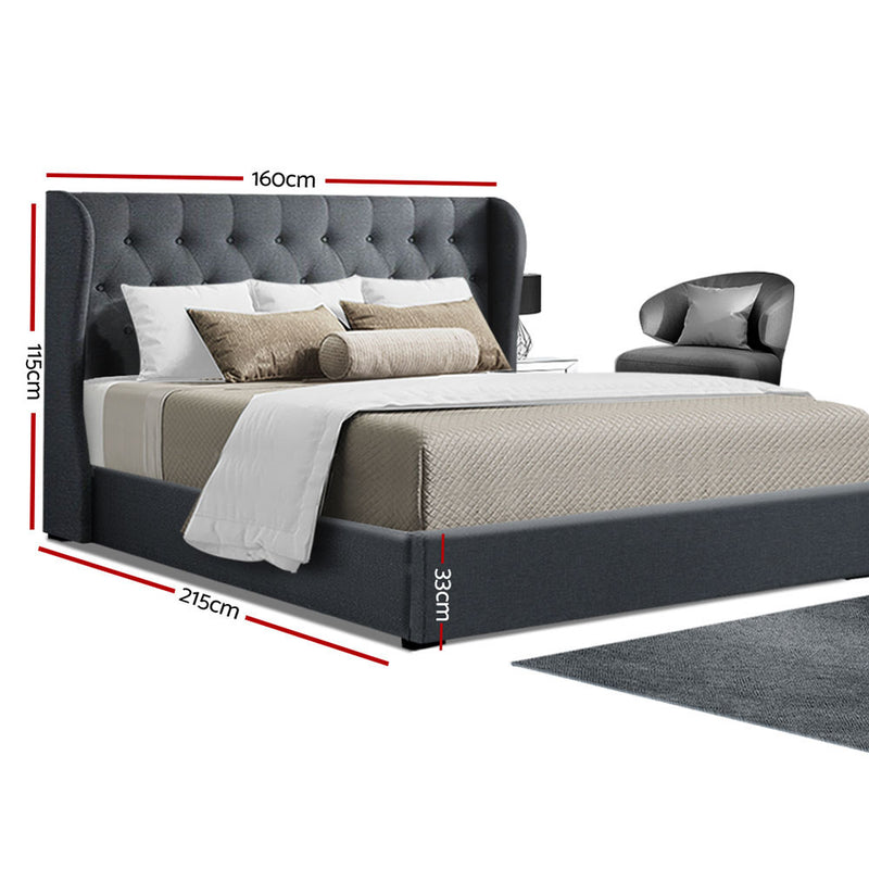 Artiss Issa Bed Frame Fabric Gas Lift Storage - Charcoal Queen - Sale Now