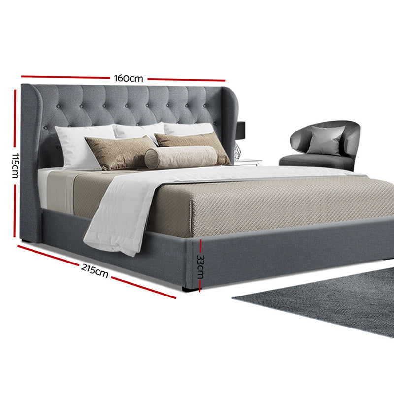 Artiss Issa Bed Frame Fabric Gas Lift Storage - Grey Queen - Sale Now