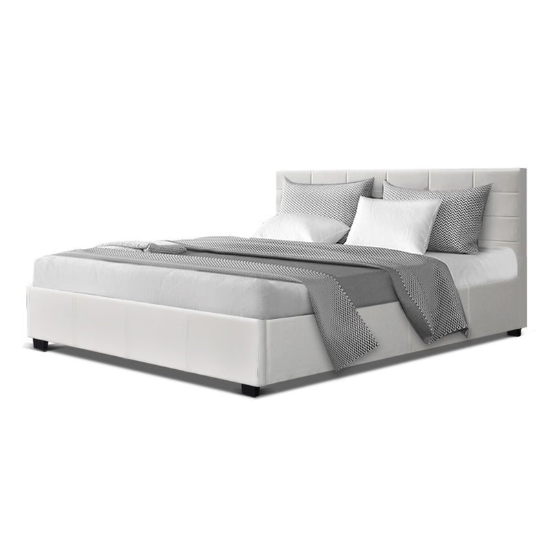 Artiss Lisa Bed Frame PU Leather Gas Lift Storage - White Double - Sale Now