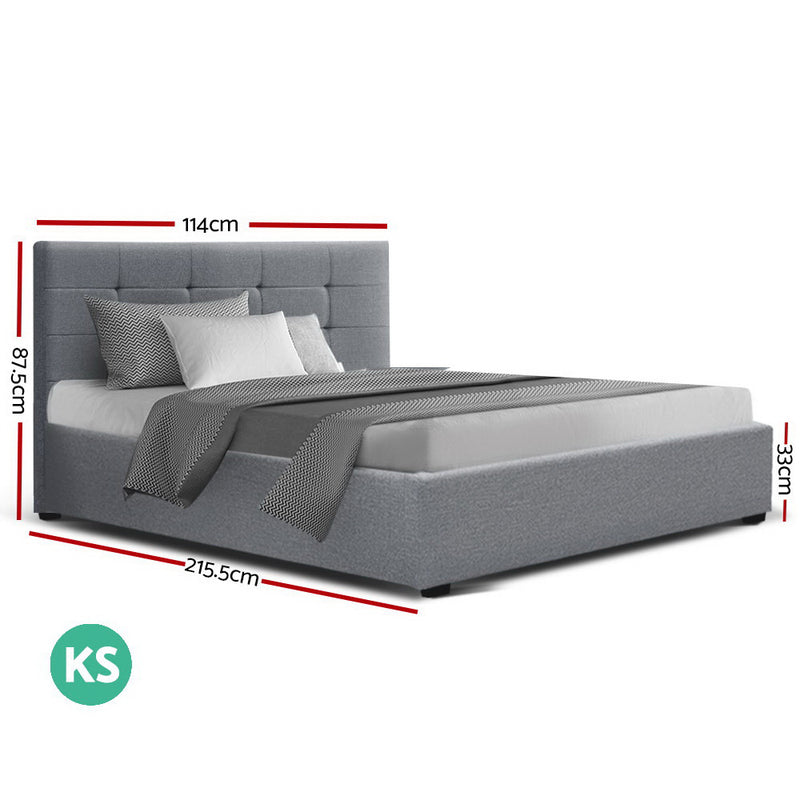 Artiss Lisa Bed Frame Fabric Gas Lift Storage - Grey King Single - Sale Now