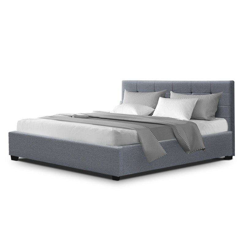 Artiss Lisa Bed Frame Fabric Gas Lift Storage - Grey Queen - Sale Now
