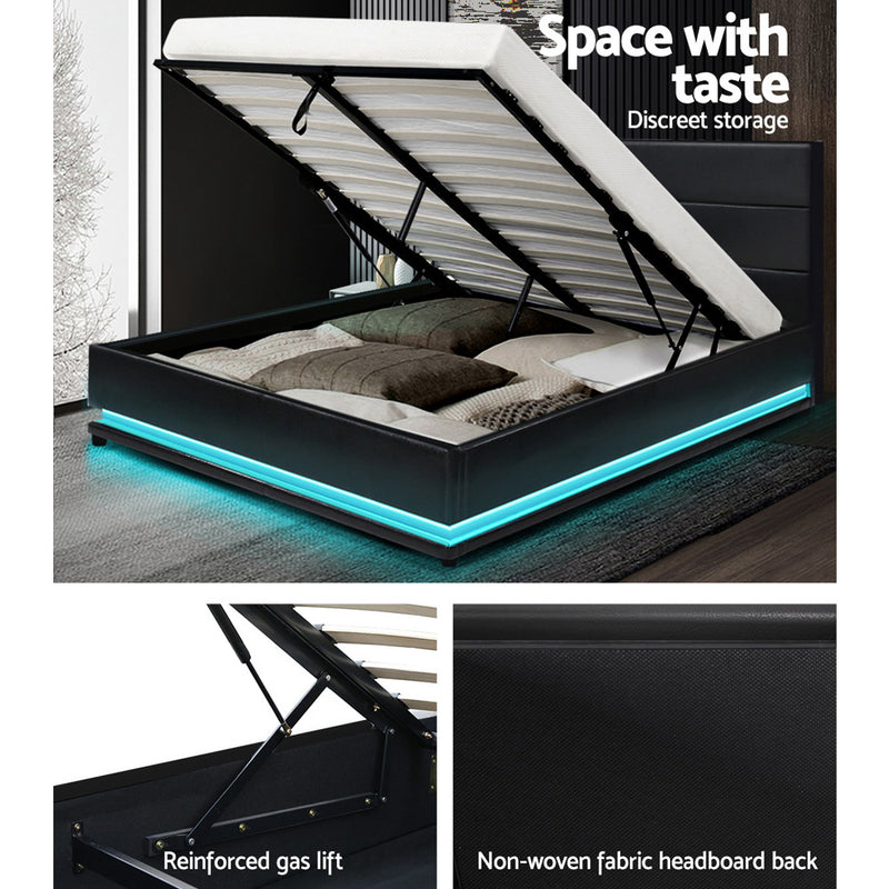 Artiss Lumi LED Bed Frame PU Leather Gas Lift Storage - Black Double - Sale Now