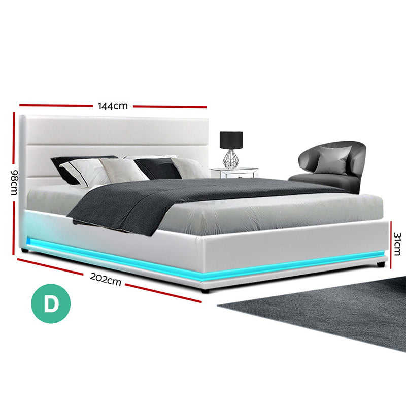 Artiss Lumi LED Bed Frame PU Leather Gas Lift Storage - White Double - Sale Now
