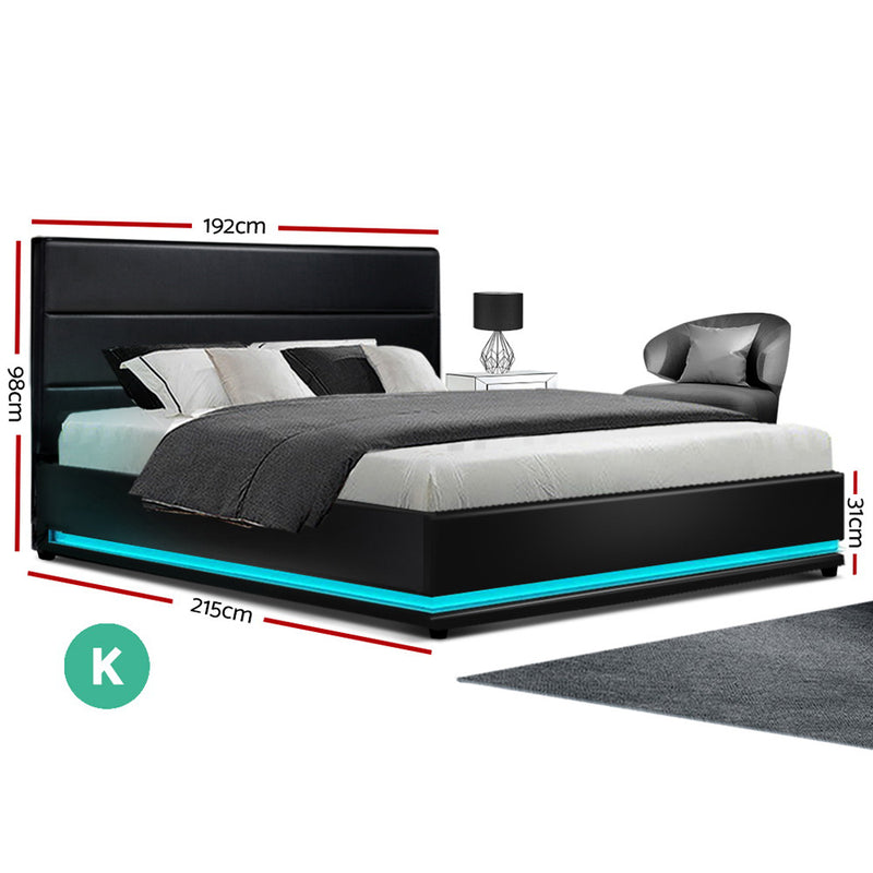 Artiss Lumi LED Bed Frame PU Leather Gas Lift Storage - Black King - Sale Now