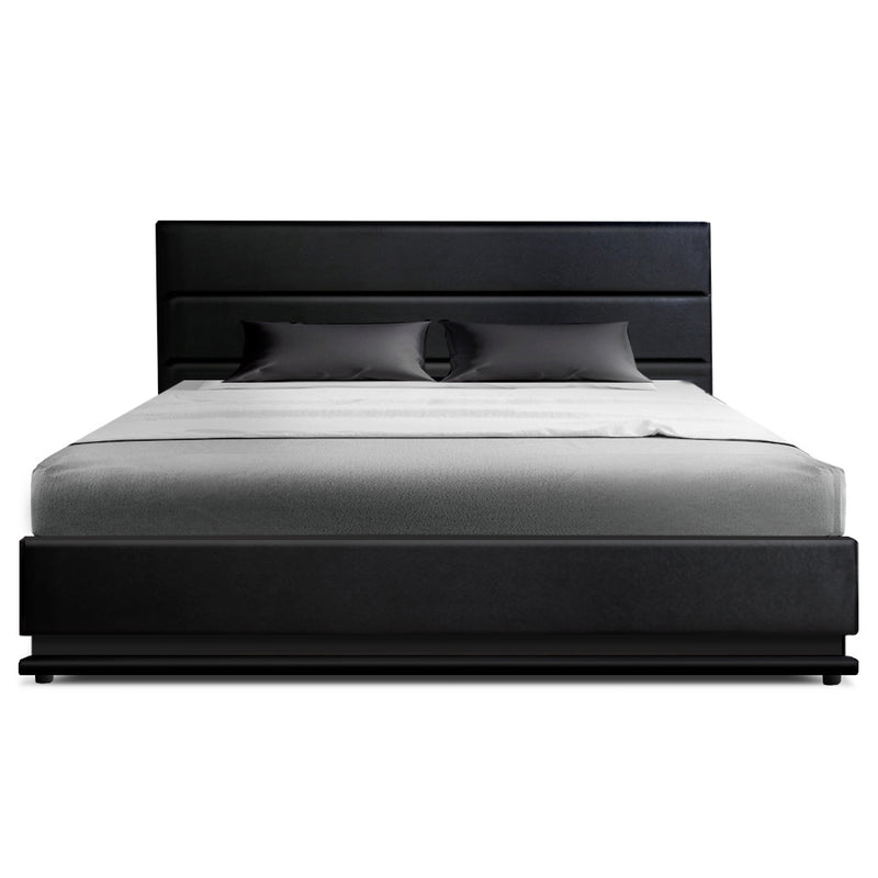 Artiss Lumi LED Bed Frame PU Leather Gas Lift Storage - Black King - Sale Now