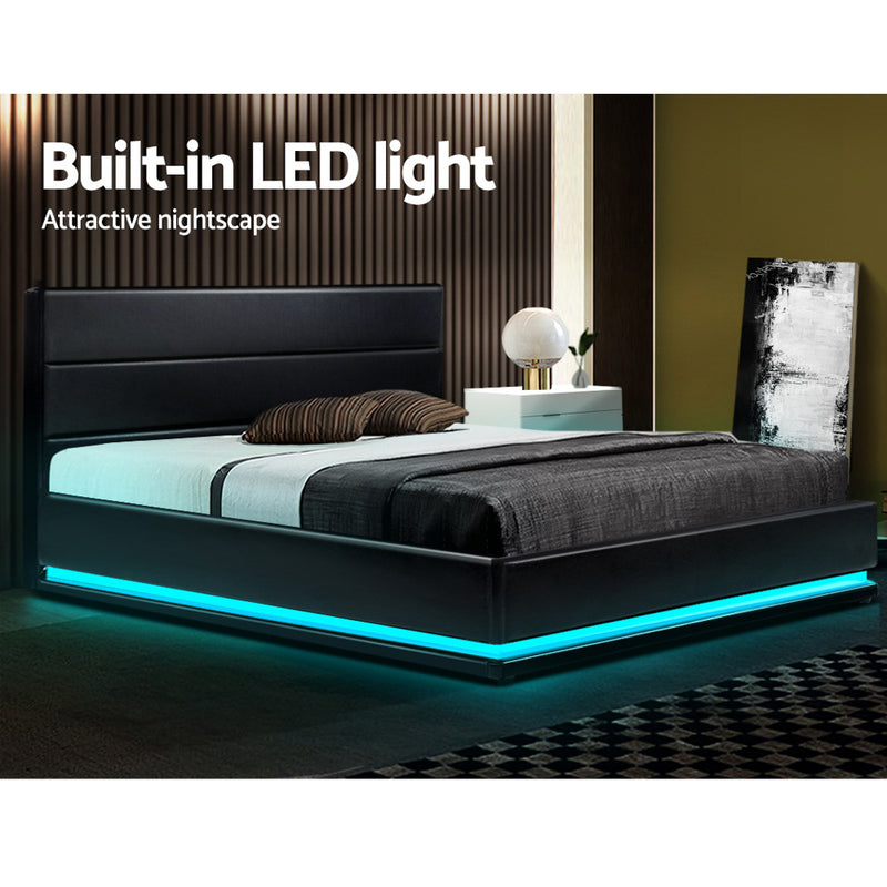 Artiss Lumi LED Bed Frame PU Leather Gas Lift Storage - Black Queen - Sale Now