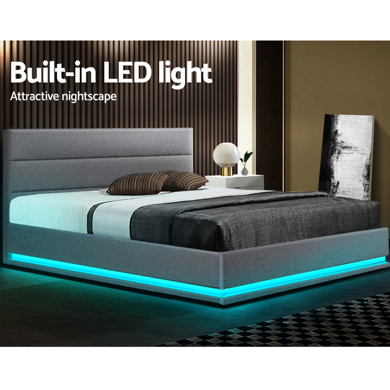 Artiss Lumi LED Bed Frame Fabric Gas Lift Storage - Grey Queen - Sale Now
