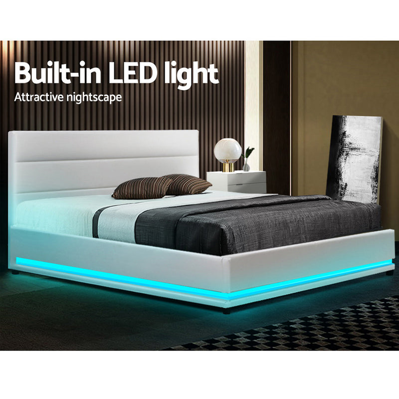Artiss Lumi LED Bed Frame PU Leather Gas Lift Storage - White Queen - Sale Now