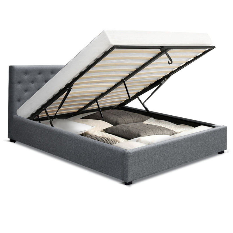 Artiss Vila Bed Frame Fabric Gas Lift Storage - Grey Double