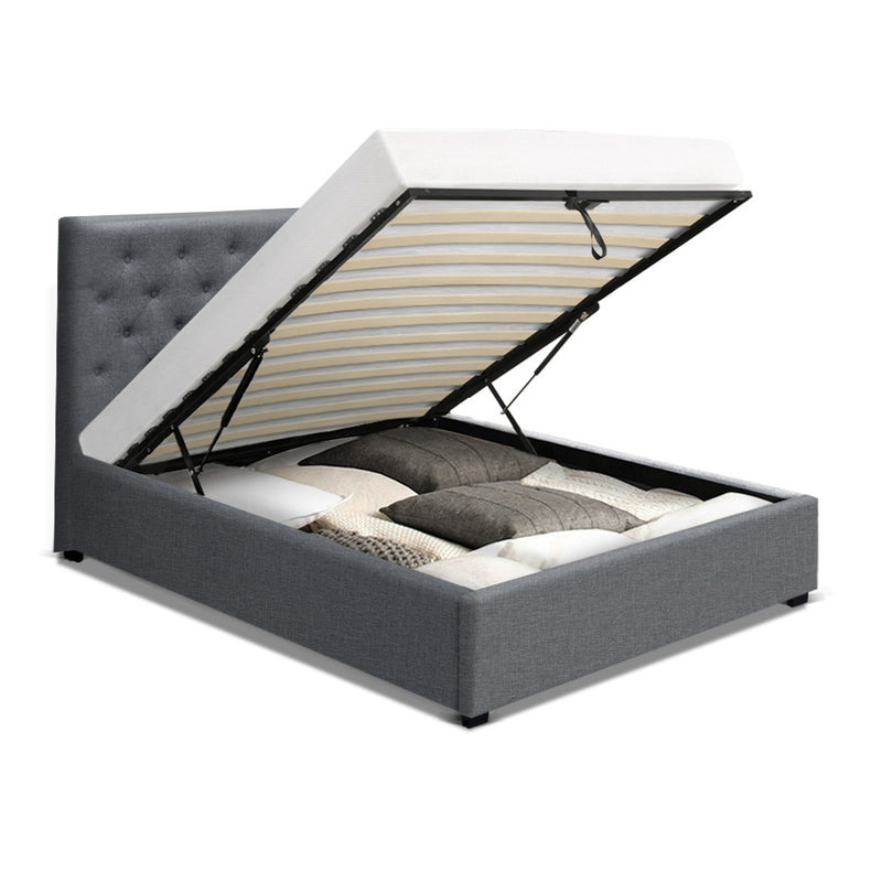 Artiss Vila Bed Frame Fabric Gas Lift Storage - Grey King Single