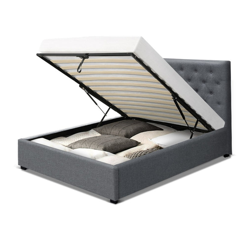 Artiss Vila Bed Frame Fabric Gas Lift Storage - Grey King Single - Sale Now