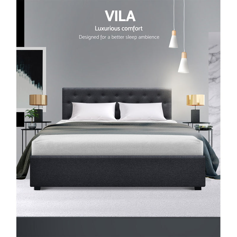 Artiss Vila Bed Frame Fabric Gas Lift Storage - Charcoal Queen - Sale Now