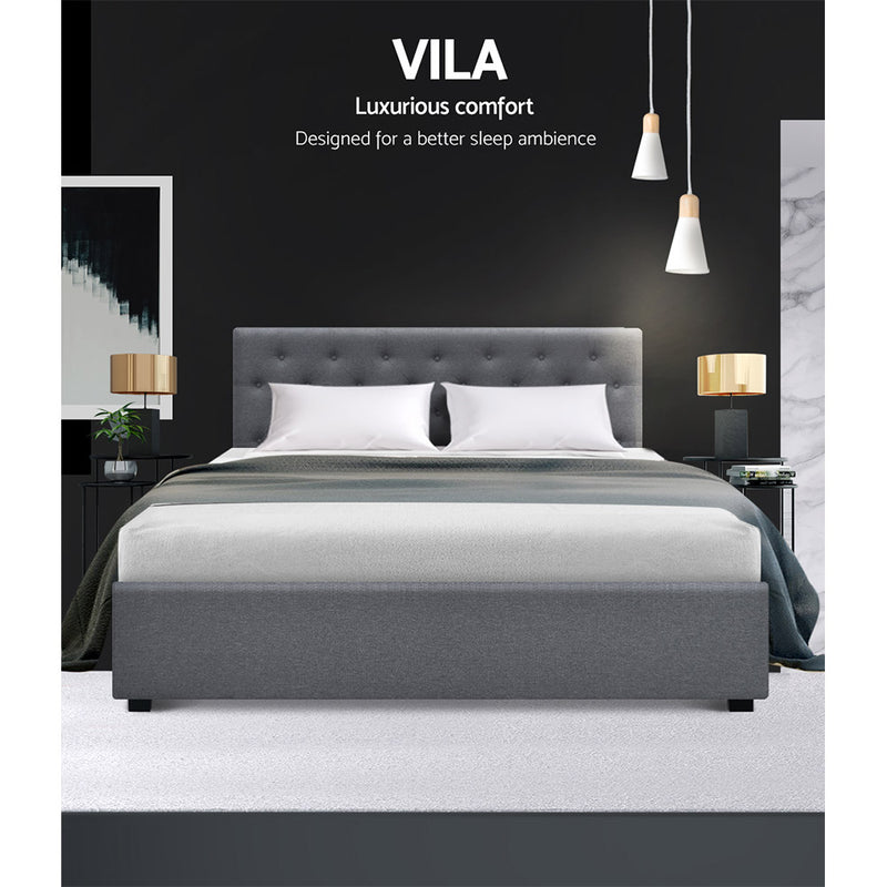 Artiss Vila Bed Frame Fabric Gas Lift Storage - Grey Queen - Sale Now