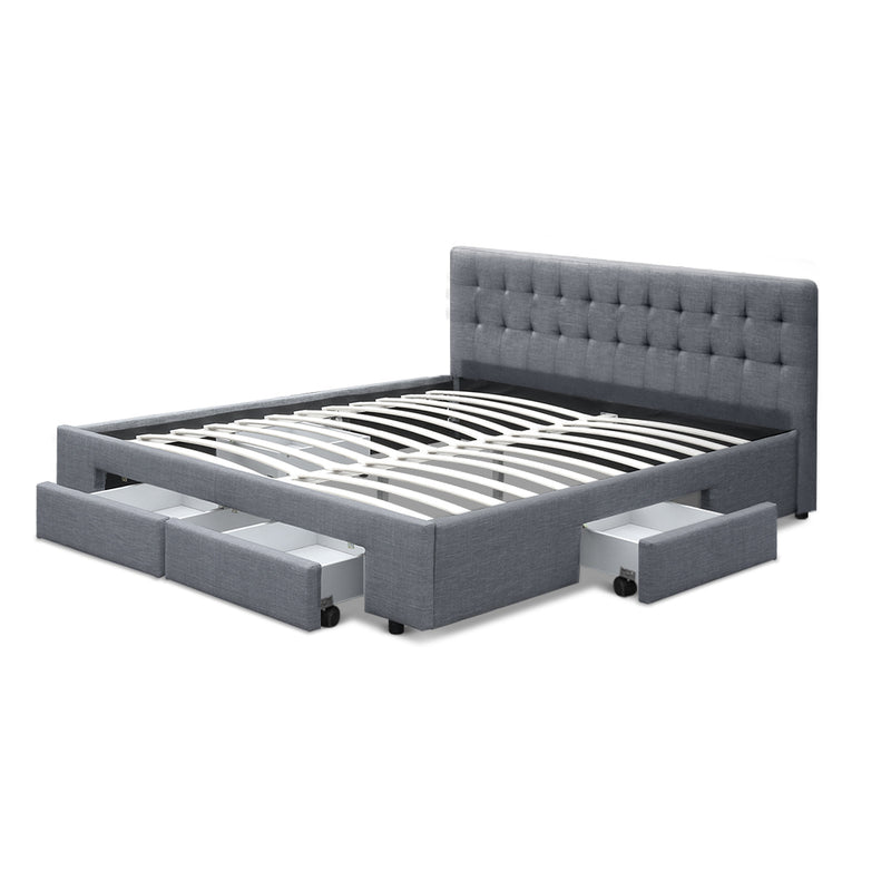 Artiss Avio Bed Frame Fabric Storage Drawers - Grey Queen - Sale Now