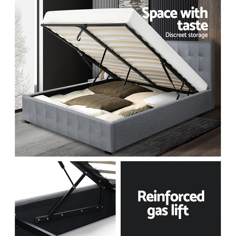 Artiss Roca Bed Frame Fabric Gas Lift Storage - Grey Queen - Sale Now