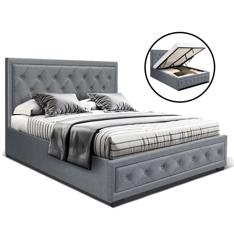 Artiss Tiyo Bed Frame Fabric Gas Lift Storage - Grey Double