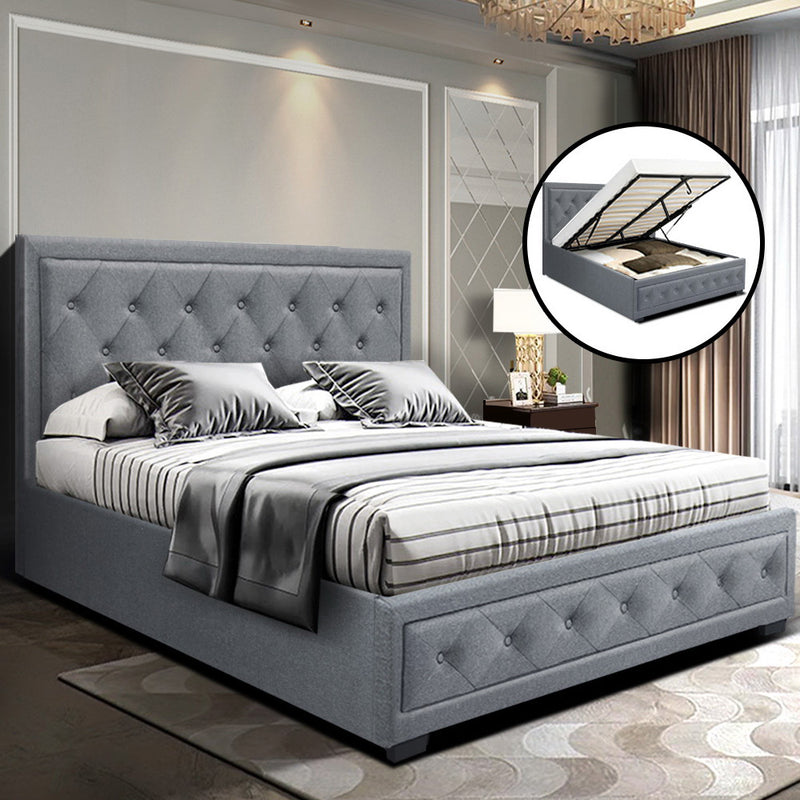 Artiss Tiyo Bed Frame Fabric Gas Lift Storage - Grey Double - Sale Now
