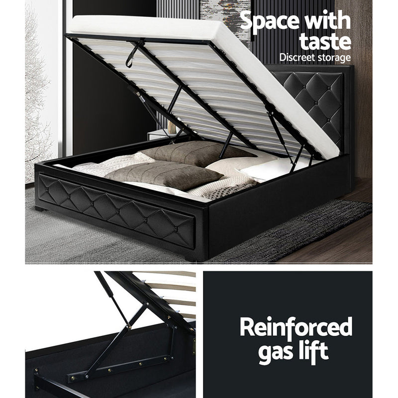 Artiss Tiyo Bed Frame PU Leather Gas Lift Storage - Black Double - Sale Now