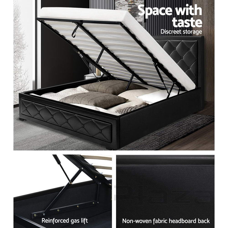 Artiss Tiyo Bed Frame PU Leather Gas Lift Storage - Black Queen - Sale Now
