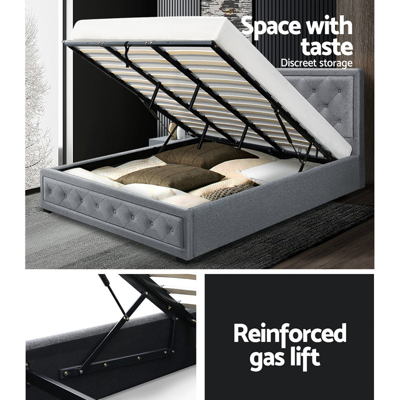 Artiss Tiyo Bed Frame Fabric Gas Lift Storage - Grey King - Sale Now