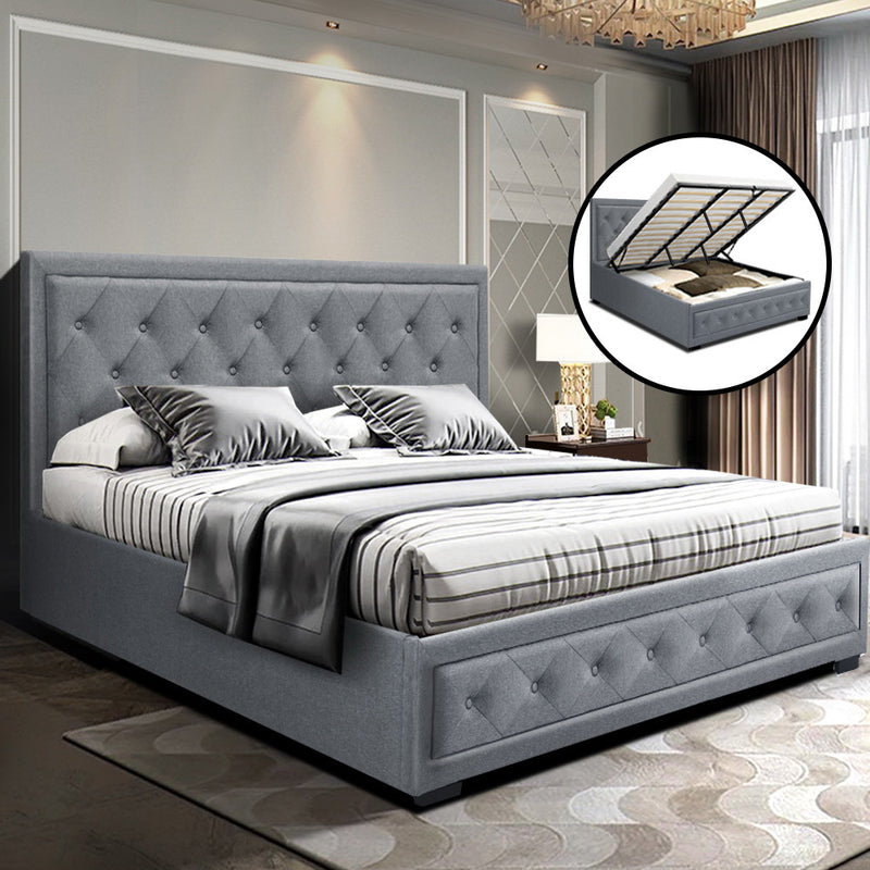 Artiss Tiyo Bed Frame Fabric Gas Lift Storage - Grey King - Sale Now