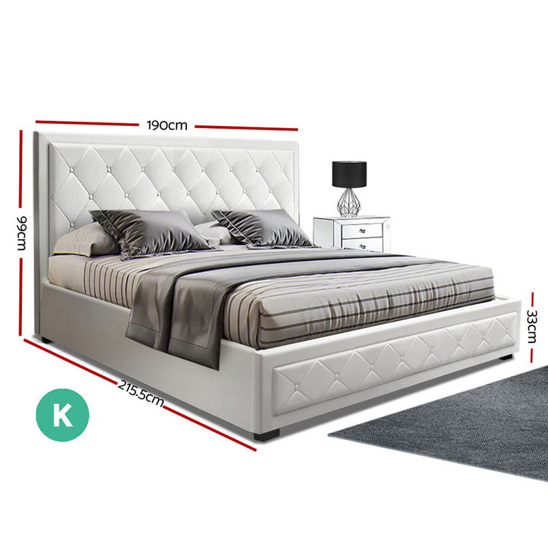 Artiss Tiyo Bed Frame PU Leather Gas Lift Storage - White King - Sale Now