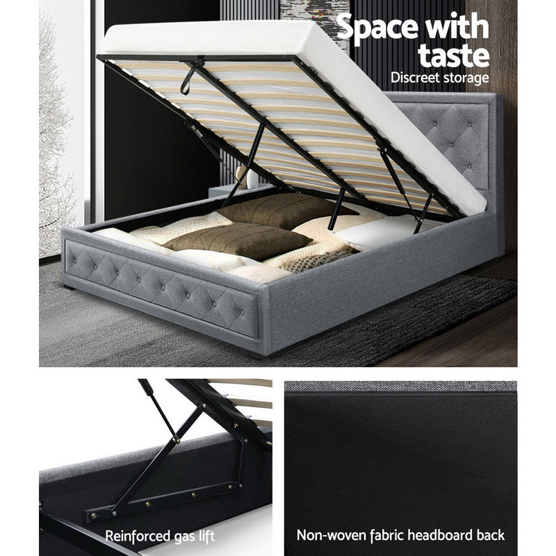 Artiss Tiyo Bed Frame Fabric Gas Lift Storage - Grey Queen - Sale Now
