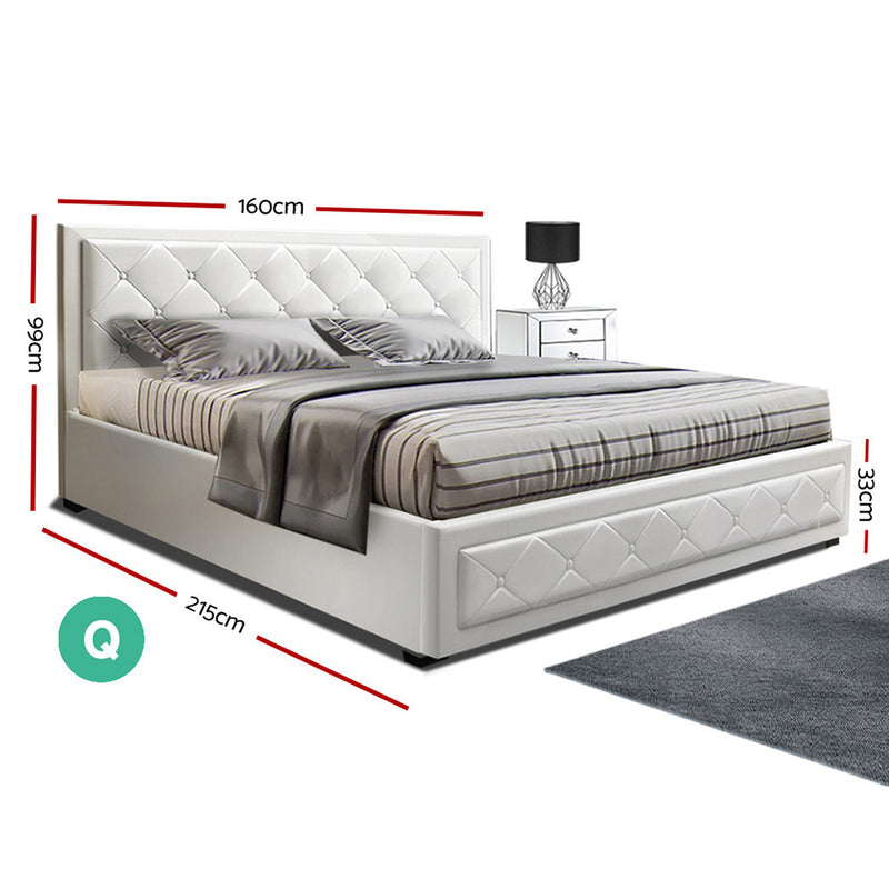 Artiss Tiyo Bed Frame PU Leather Gas Lift Storage - White Queen - Sale Now