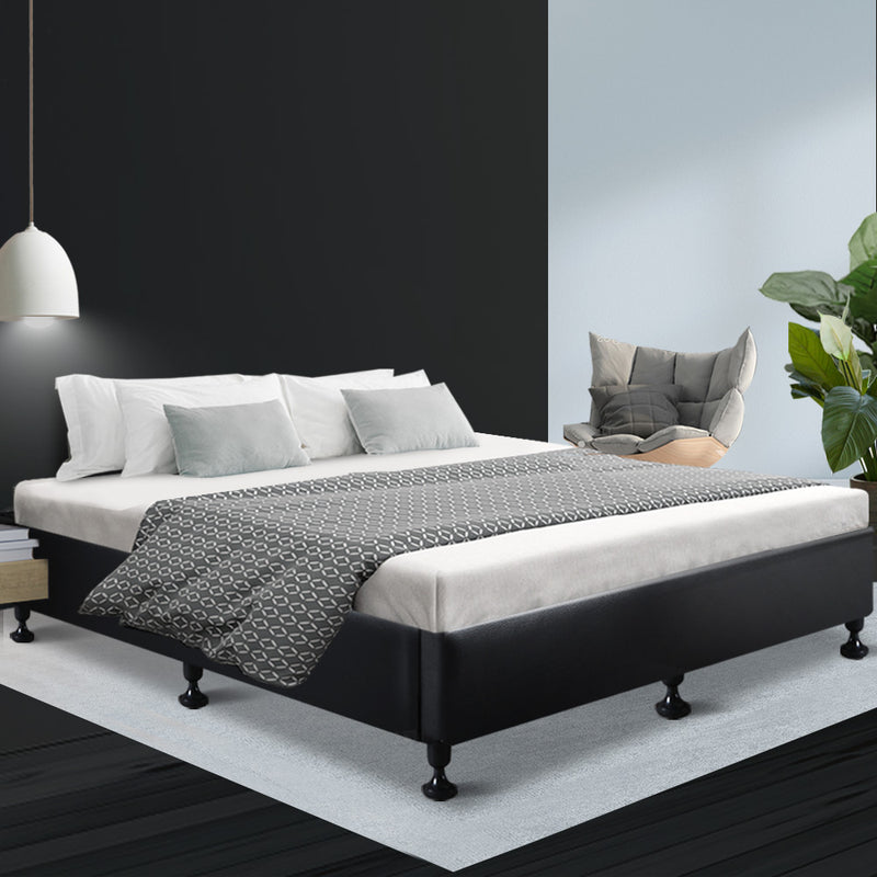Bed Frame Base Queen Size Mattress Platform Foundation Wooden PVC Leather Black TOMI - Sale Now