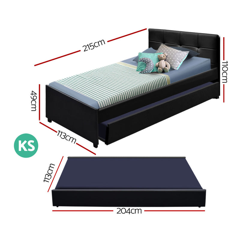 Trundle Wooden Bed Frame with Storage Drawer - Black King Single - Sale Now