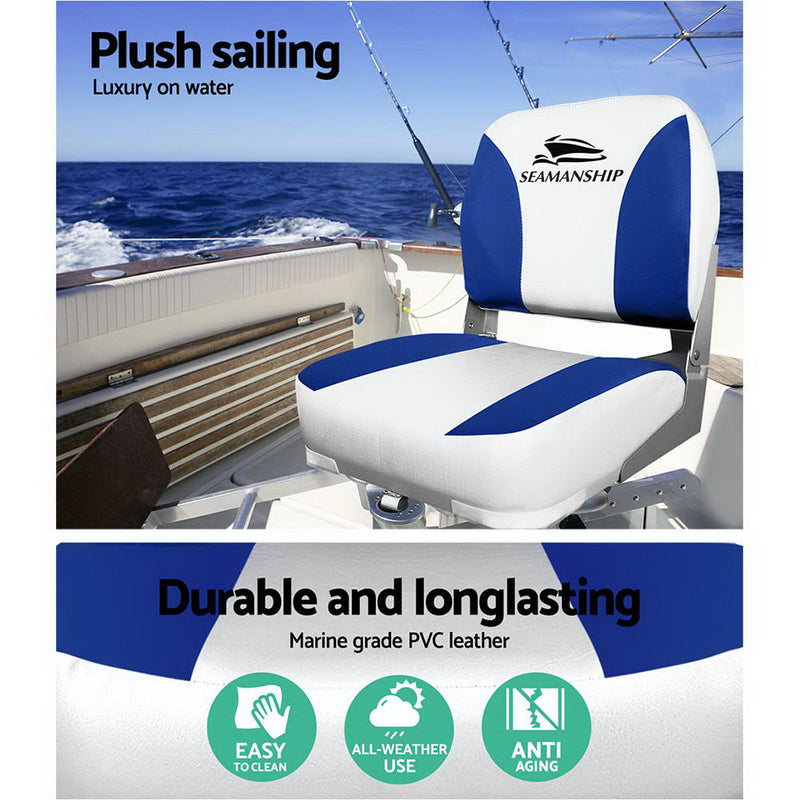 Seamanship Set of 2 Folding Swivel Boat Seats - White & Blue - Sale Now