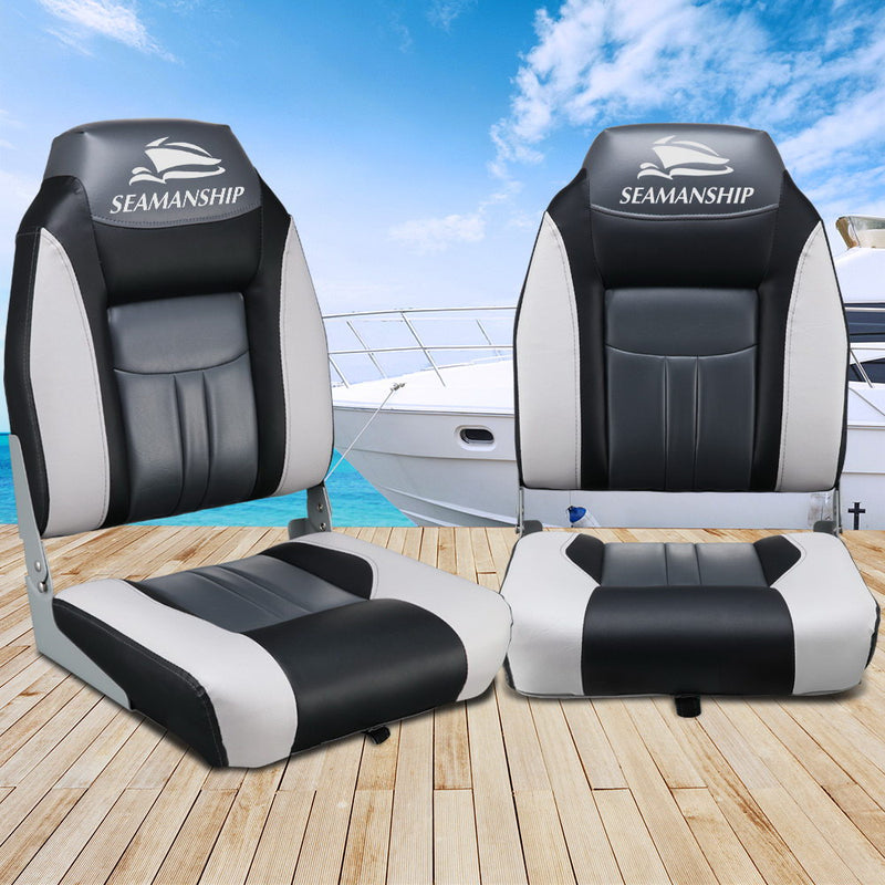 Seamanship Set of 2 Folding Swivel Boat Seats - Grey & Black - Sale Now