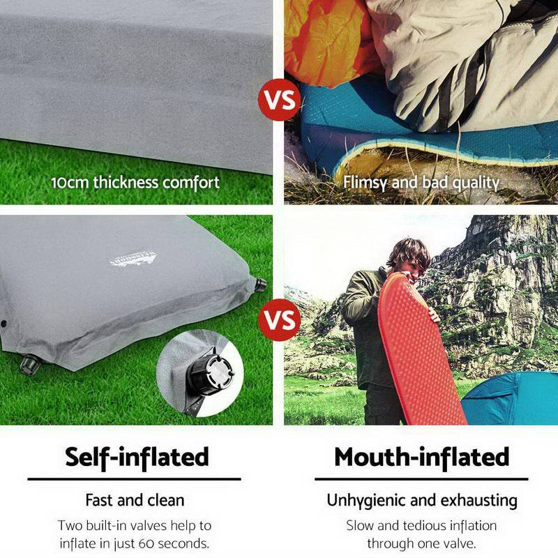 Weisshorn Self Inflating Mattress Camping Sleeping Mat Air Bed Pad Double Grey 10CM Thick - Sale Now