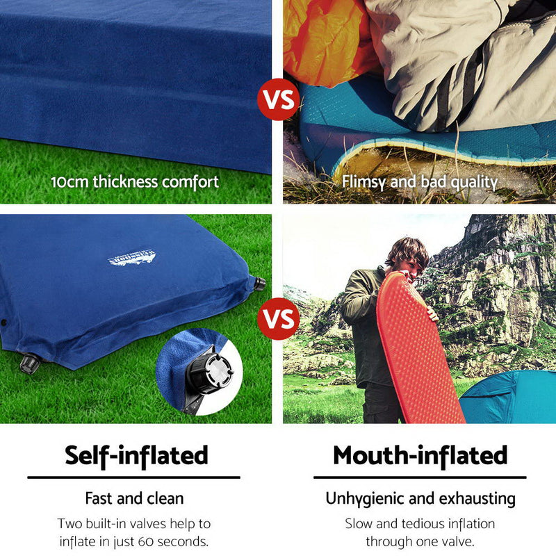 Weisshorn Self Inflating Mattress Camping Sleeping Mat Air Bed Pad Double Navy 10CM Thick - Sale Now