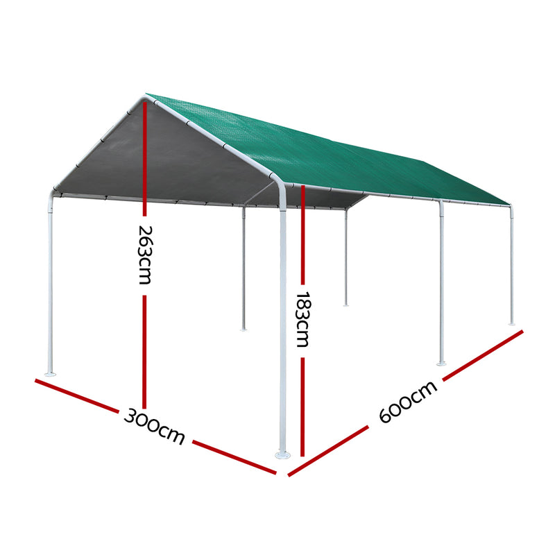 Carports 3m x6m Carport Kits Gazebo Canopy Tent Cover Metal Garden Shed Green - Sale Now