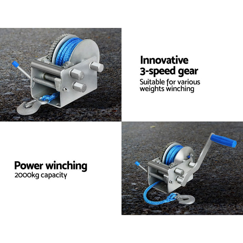 Giantz 3 Speed Hand Winch Synthetic Rope - Sale Now